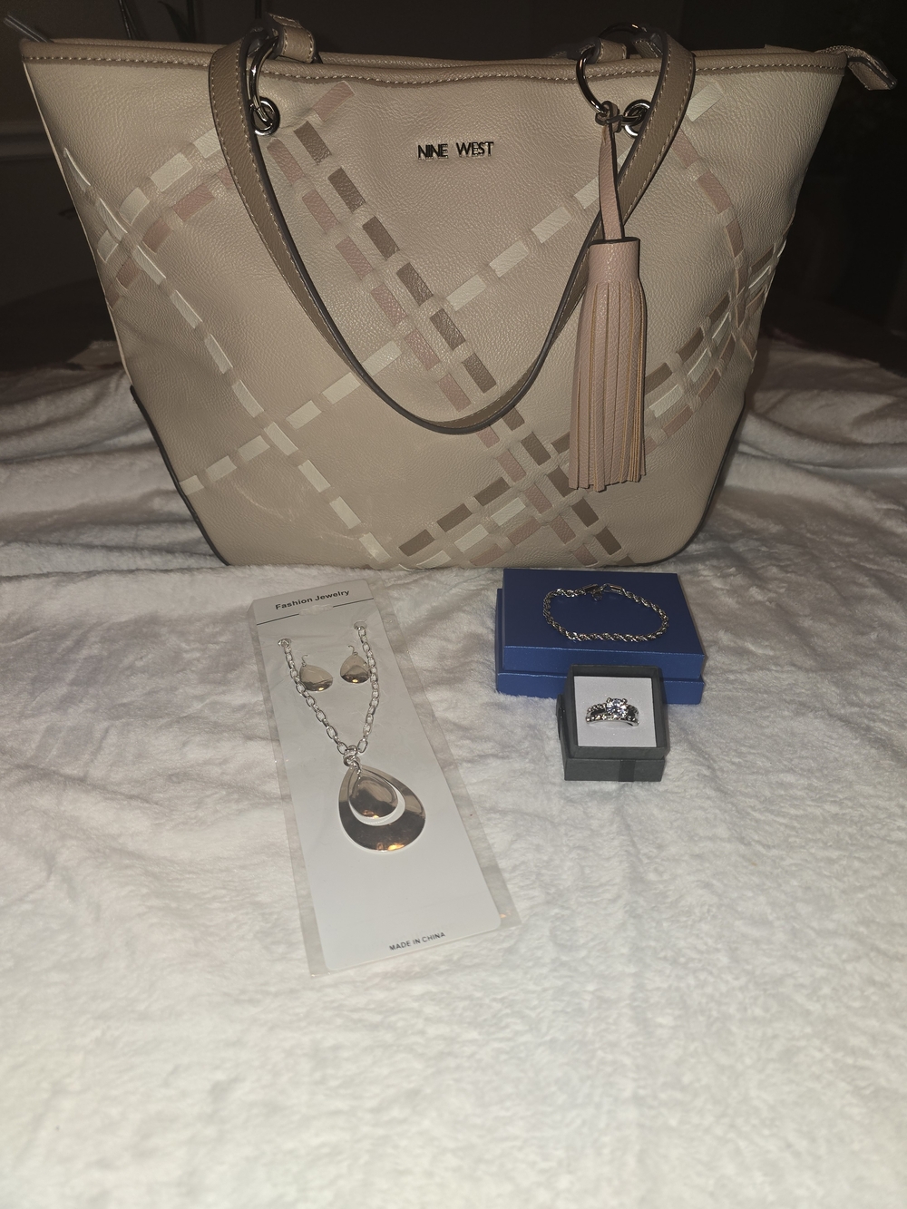Nine West Beige Tote with Tassel & Jewelry Bundle